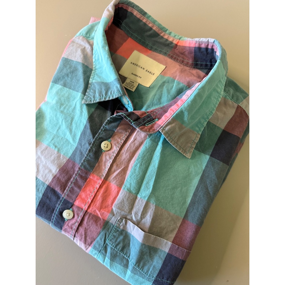 American Eagle Classic Fit Plaid Button Down Shirt Mens Large Teal Pink Cotton